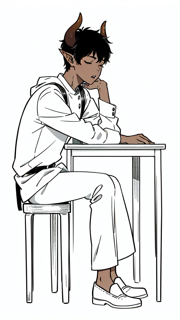 (1boy,15 years old,solo),((dark skin)),rural outfit,short hair,black hair,elf ears,(horns),(white background,line drawing),sitting,from side, looking away,full body,hand_on_own_face, head_rest, hand_on_own_cheek,closed eyes, open mouth, sleepy, squeans