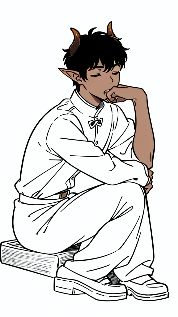 (1boy,,solo),((dark skin)),rural outfit,short hair,black hair,elf ears,(horns),(white background,line drawing),sitting,from side, looking away,full body,hand_on_own_face, head_rest, hand_on_own_cheek,closed eyes, open mouth, sleepy, squeans