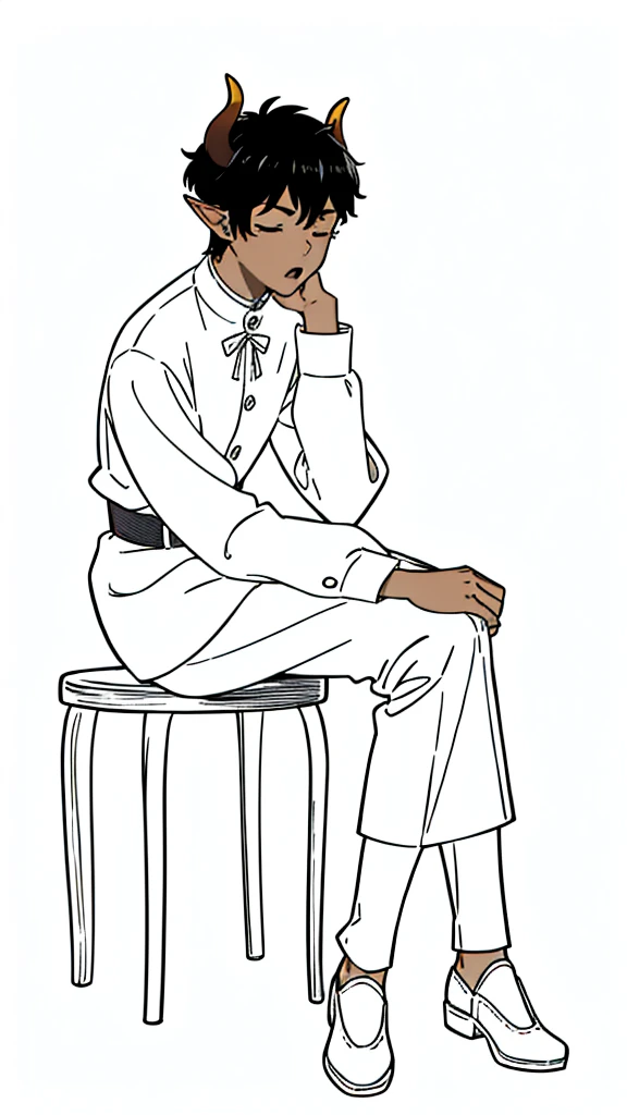 (1boy,15 years old,solo),((dark skin)),rural outfit,short hair,black hair,elf ears,(horns),(white background,line drawing),sitting,from side, looking away,full body,hand_on_own_face, head_rest, hand_on_own_cheek,closed eyes, open mouth, sleepy, squeans