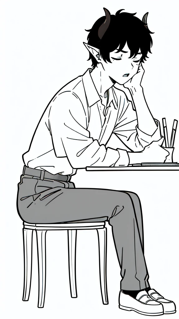 (1boy,,solo),((dark skin)),rural outfit,short hair,black hair,elf ears,(horns),(white background,line drawing),sitting,from side, looking away,full body,hand_on_own_face, head_rest, hand_on_own_cheek,closed eyes, open mouth, sleepy, squeans