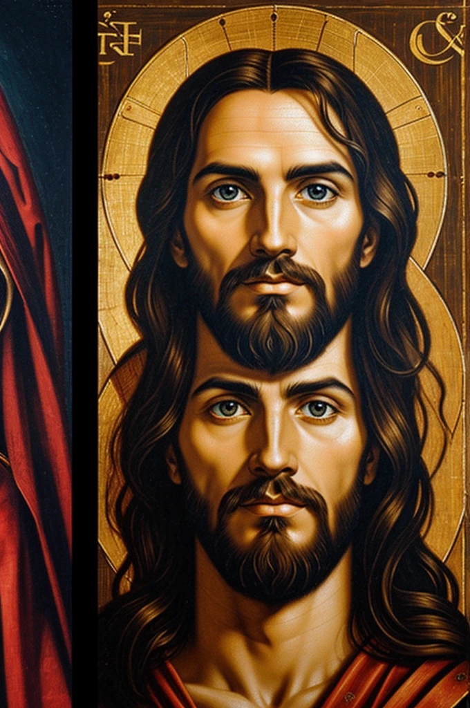 overlap two images: Christ Pantocrator and the image of Jesus from the Shroud of Turin, in such a way that the faces match their dimensions and the images are transparent