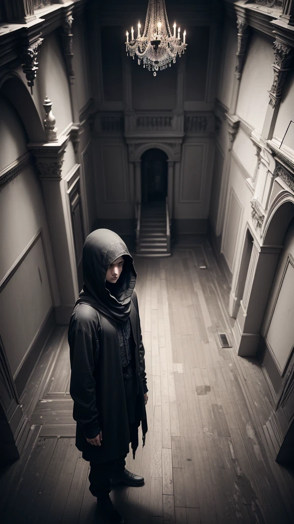 man in loose, lightweight black clothing, prominently wearing a balaclava, standing in the grand, decaying hall of an abandoned mansion, with broken chandeliers and dusty furniture, eerie atmosphere, sense of mystery and solitude, suspenseful mood, viewed from the top of a grand staircase, wide-angle lens, soft, diffused lighting