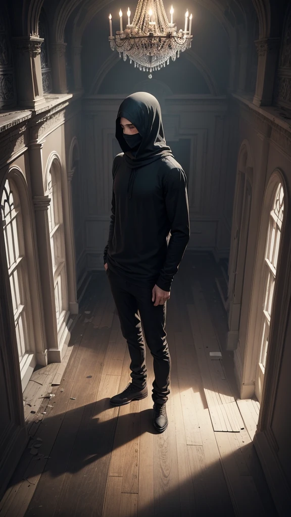 man in loose, lightweight black clothing, prominently wearing a balaclava, standing in the grand, decaying hall of an abandoned mansion, with broken chandeliers and dusty furniture, eerie atmosphere, sense of mystery and solitude, suspenseful mood, viewed from the top of a grand staircase, wide-angle lens, soft, diffused lighting