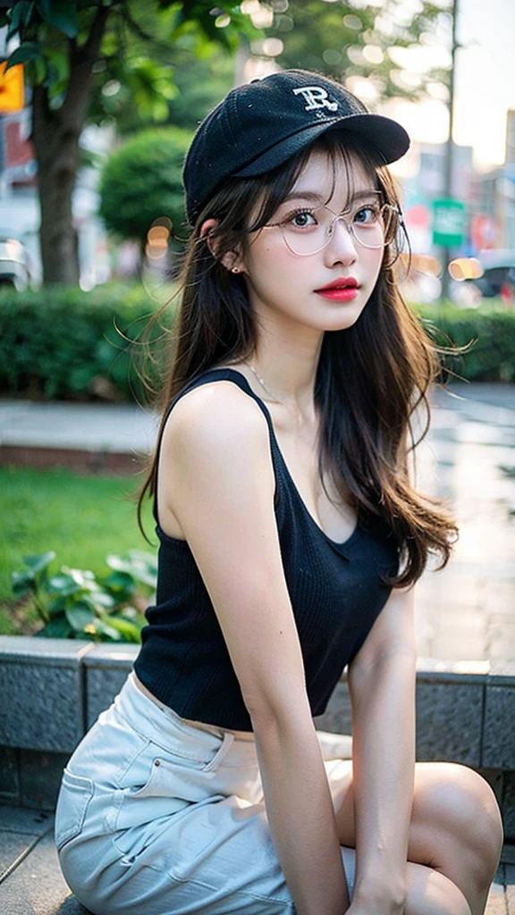 ((best quality)), ((masterpiece)), (detailed), 
17 yeas old girl, extremely beauty, very cute and charming,,white skin, bright blue eyes, short body, finest detail face, slim waist, small face, long black hair showing an ear, bang hair , big breats,  big and tight ass, small lips, pink lips, use nature makeup, wearing  Summer Strappy Tank Tops Sexy Sleevless Camisoles Club Tube Casual  and white underwear and no pants, wearing big rounded glasses, baseball hat, look at camera, caught in the rain , clothes and skin  wet, i can see her cleavage and nipples, Sitting on leg pose,  seductive expression, full body, vivid and sharp color , put hand pilled up, 
street view , evening, sunset

