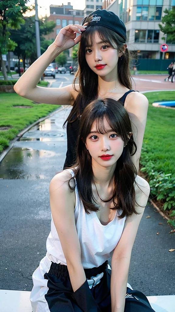 ((best quality)), ((masterpiece)), (detailed),
girl, extremely beauty, very cute and charming,,white skin, bright blue eyes, short body, finest detail face, slim waist, small face, long black hair showing an ear, bang hair , big breats, big and tight ass, small lips, pink lips, use nature makeup, wearing Summer Strappy Tank Tops Sexy Sleevless Camisoles Club Tube Casual and white underwear and no pants, wearing big rounded glasses, baseball hat, look at camera, caught in the rain , clothes and skin wet, i can see her cleavage and nipples, Sitting on leg pose, seductive expression, full body, vivid and sharp color , put hand pilled up,
street view , evening, sunset