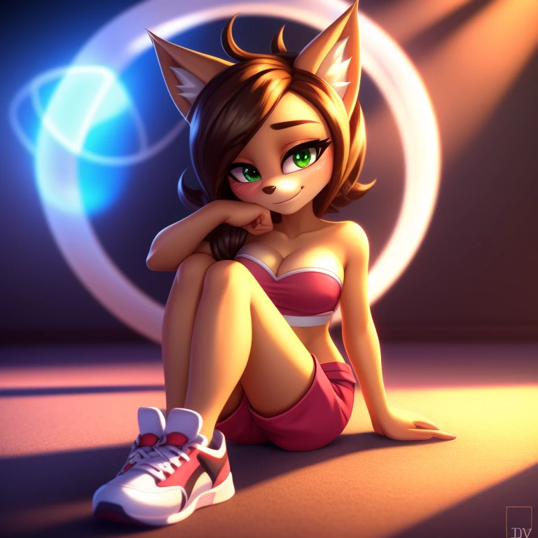 Ty Lee, pyjama elastic shorts, strapless crop top, cleavage, high-top sneakers, halo, sunglasses, jewelry, green eyes, longeyelashes, green eyes, smile, shy, blush, high detail, masterpiece, UHD, anatomically correct, super detail, highres, 4K