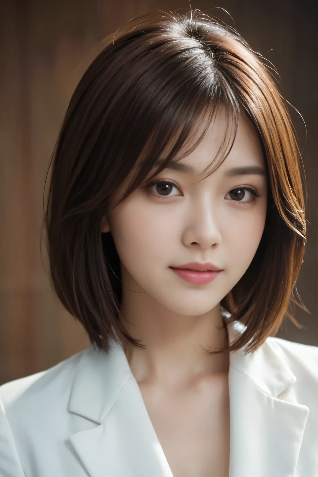 The best quality at its best, Realistically, Super detailed, More about pubic hair, High resolution, Plain background，8k wallpaper, One beautiful woman,,Light brown short hair, Wear a dark suit, Lock Focus, Perfect dynamic composition, Beautiful Eyes, Delicate hair, 细致Realistically的皮肤纹理, smile, Close-up portrait, Model Body Type