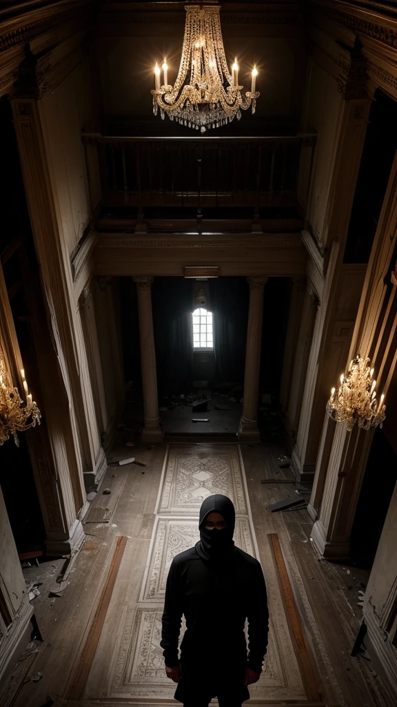 man in loose, lightweight black clothing, prominently wearing a balaclava, standing in the grand, decaying hall of an abandoned mansion, with broken chandeliers and dusty furniture, eerie atmosphere, sense of mystery and solitude, suspenseful mood, viewed from the top of a grand staircase, wide-angle lens, soft, diffused lighting