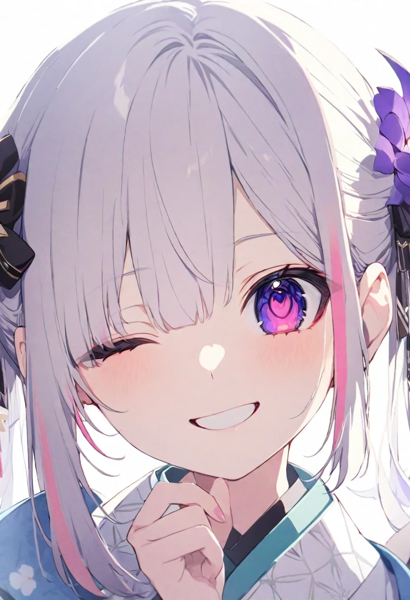 (muste piece), (best quality), very detailed eyes, expressive eyes, perfect face, very detailed face, highly detailed face, beautiful girl, 8K, beautiful girl, white background background, delicate and beautiful face and eyes, dark intense shadow, 
1 girl, vtuber style, cool girl, hololive, amane kanata, streaked hair, Gorgeous kimono, cover with Haori, japanese hair accessories, small chest, one eye close winking, smile, body visible through clothes, chest visible through clothes, (full body), looking at viewer, standing,