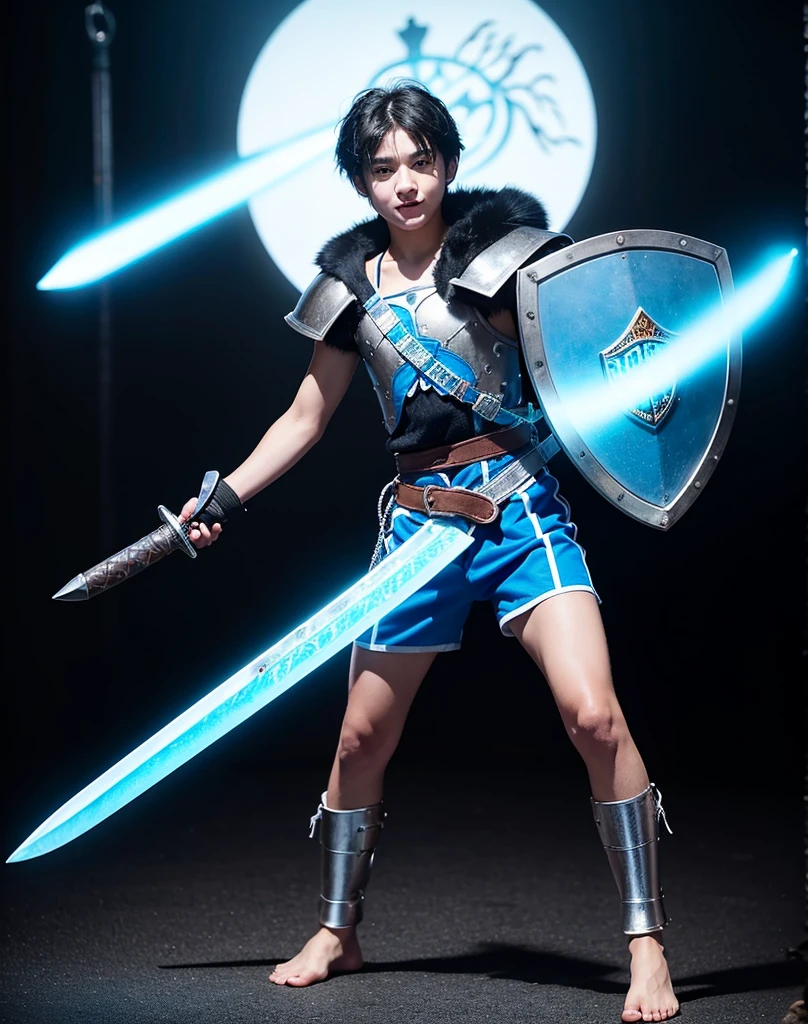 Young 13-year-old boy with black hair and brown eyes, innocent and happy, dressed in short neon-blue medieval barbarian clothes, fur shorts, light-blue battle armor, weilding silver sword and shield, barefoot; fullbody; short hair, boyish athletic, sexy,