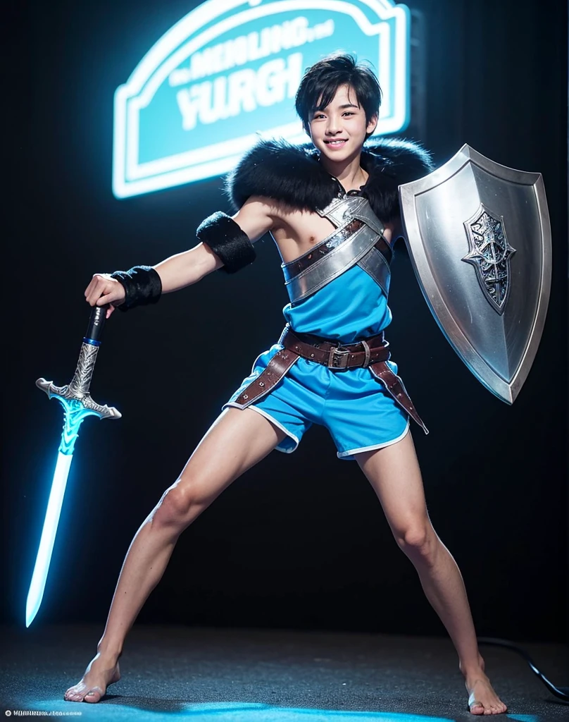 Young -yeld boith black hair and brown eyes, innocent and happy, dressed in short neon-blue medieval barbarian clothes, fur shorts, light-blue battle armor, weilding silver sword and shield, barefoot; fullbody; short hair, boyish athletic, sexy,