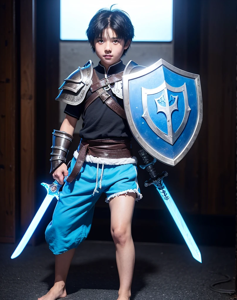 Young 13-year-old boy with black hair and brown eyes, innocent and happy, dressed in short neon-blue medieval barbarian clothes, fur shorts, light-blue battle armor, weilding silver sword and shield, sandals; fullbody; short hair, boyish athletic, sexy, medieval background