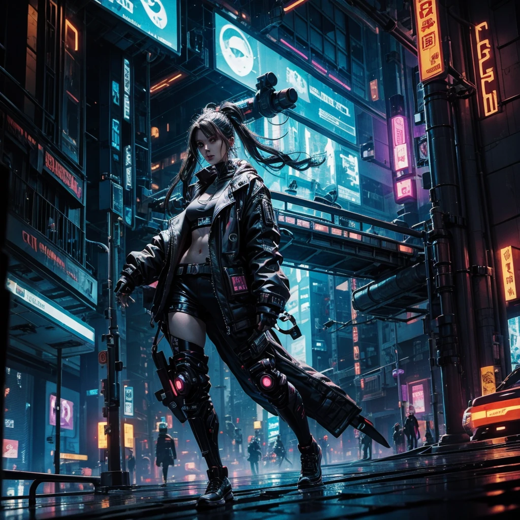 absurdres, RAW photo, extremely delicate and beautiful, masterpiece, Highest Quality, ultra high resolution, 32k, hyperrealistic, realistic, photorealistic, photo-realistic, Real, ultra-detailed, Very detailed CG 8k wallpaper, detailed background, landscape, Beautiful Lighting, Perfect Lightning, Realistic Shadows, perfect anatomy, anatomically correct, ideal ratio body proportions, perfect figure, Perfect Style, Perfect balance, super Detailed skin, in her 30s, very Slim body, narrow waist, very small head, very small face, delicate facial features, handsome detailed woman, very detailed eyes and face, realistic face proportions, Realistic beautiful face, Realistic beautiful eyes, tearful mole, earring, full body shot, whole body shot, very huge round tits, medium hair, asymmetrical hair, wavy hair, legs, thighs, knees, Tech jacket, cyberpunk, tech mask, tech accessories, Background with cold neon lights and black,