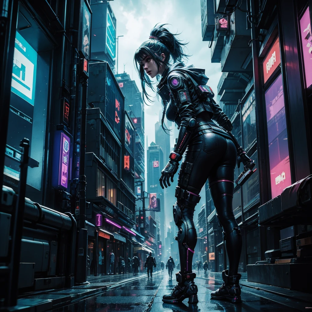 A female cyberpunk in a futuristic city looks around while being chased by an alien