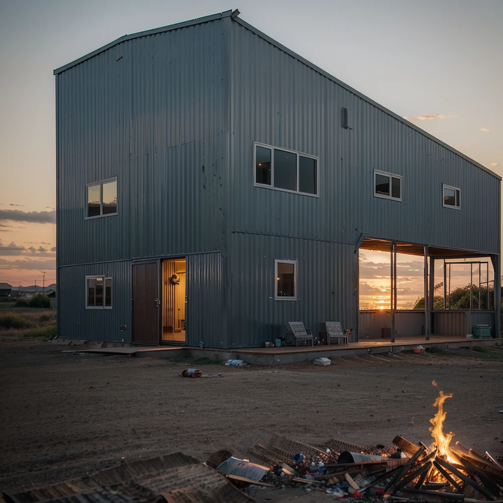 corrugated metal sheet house at sunset with bonfire