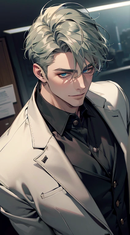 (best quality, masterpiece, 8K, photorealistic, cinematic lighting, 1:4 hdr image, top view, ultra detailed, beautiful image), a mature man, very handsome, short grey green hair, blue eyes, perfect face without errors , ((buttoning his jacket, CEO)), smile in love.