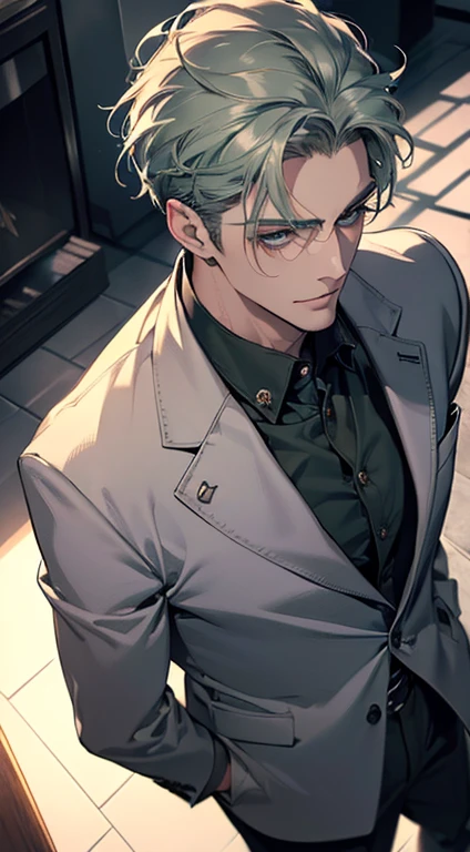 (best quality, masterpiece, 8K, photorealistic, cinematic lighting, 1:4 hdr image, top view, ultra detailed, beautiful image), a mature man, very handsome, short grey green hair, blue eyes, perfect face without errors , ((buttoning his jacket, CEO)), smile in love.
