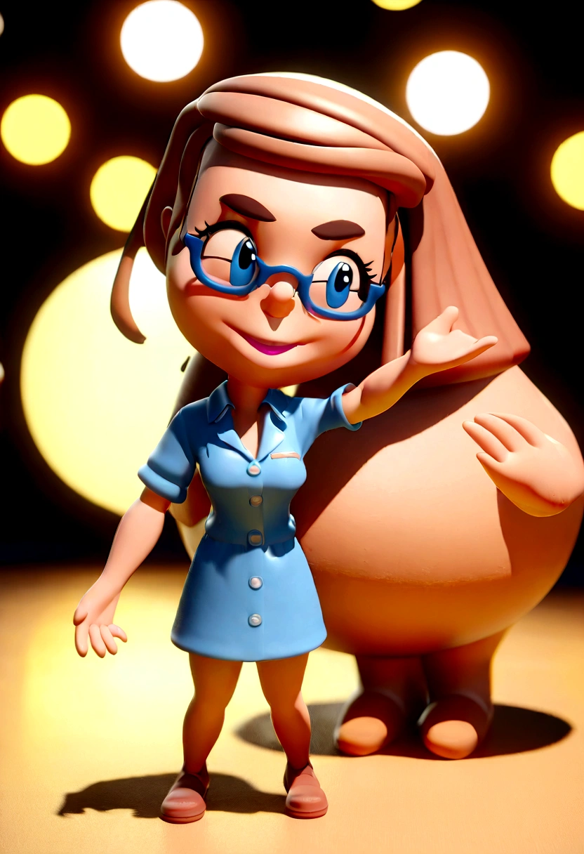 Cartoon character of a woman with glasses , overweight and blue shirt, animation character, stylized character, animation style rendering, 3d stylized, Arnold Maya rendering, Stylized 3D rendering, toon render screenshot, 3d character, 3d character, Stylized 3D rendering, 3D character rendering, cartoon character, Personagem de close up, character posing,  (Pixar-style) (master part:1.2) (bokeh) (best qualityer) (skin detailed) (detailed texture) (8K) (Argilla) (cinematic lighting) (sharp focus