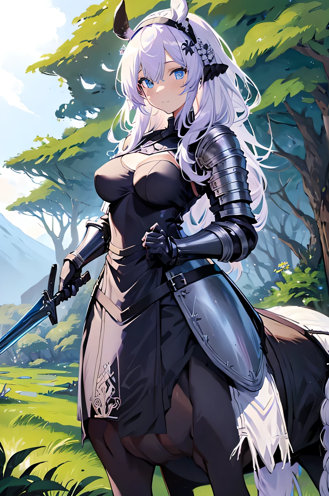 4K,High resolution,One Woman,centaur,White purple hair,long hair,blue eyes,knight,Black Armor,Heavy Armor,Full Armor,White knight outfit,hair band,Long sword,Village in the forest