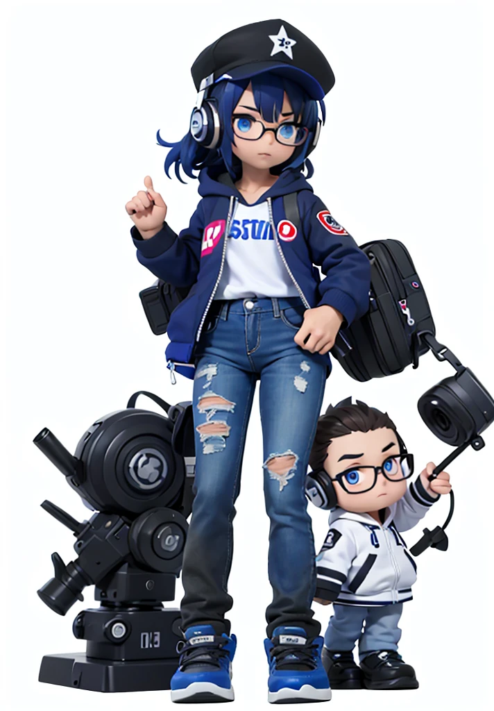 3D render of 1boy, solo, white background, big eyes hands and feet, full body, anime, cute, masterpiece, chibi, maplestory, wide eyes, chubby body, high details, colleidef, dynamic pose, tall, front facing, black hair with blue dye marks, brown skin, blue eyes, glasses, black cap with glowing blue star, headphones, grey hoodie underneath red white and blue varsity jacket, black jeans, blue and black Jordans, white background