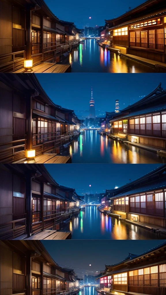 A city like Kyoto in Japan、Night view、Realistic live-action style、Realistic texture、Neon lighting、Highly detailed CG illustrations、Cinematic Light、sf、Highest quality、masterpiece、
