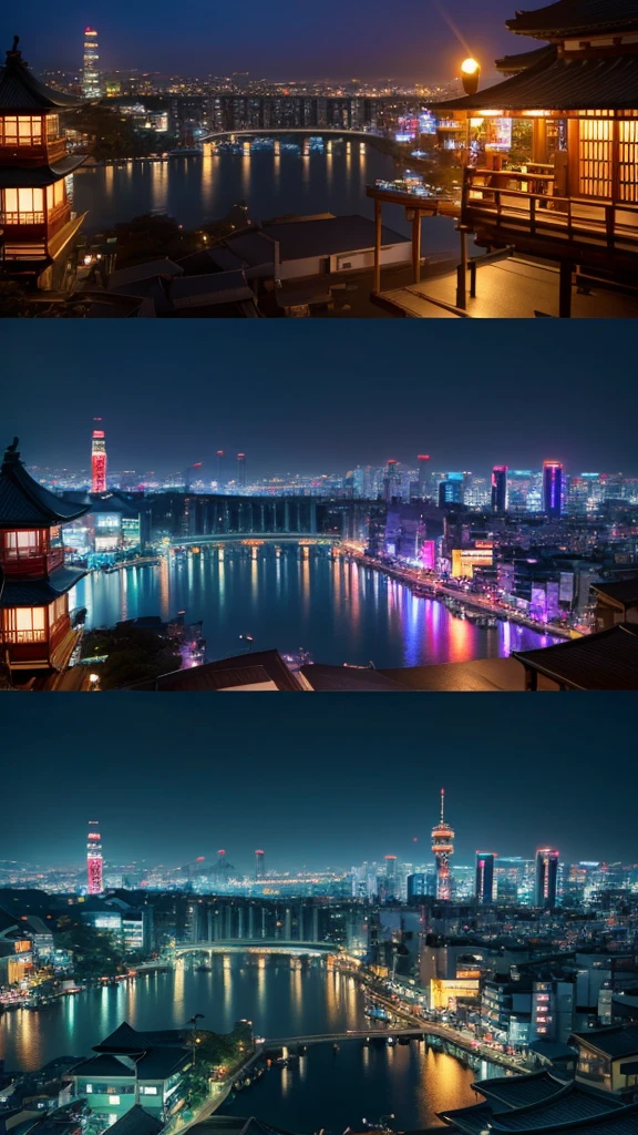 A city like Kyoto in Japan、Night view、Realistic live-action style、Realistic texture、Neon lighting、Highly detailed CG illustrations、Cinematic Light、sf、Highest quality、masterpiece、