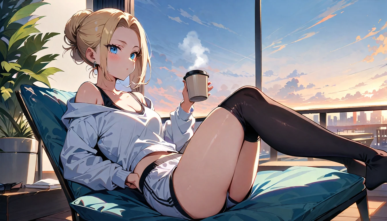 (masterpiece, best quality:1.2), solo, Android 18 from Dragon Ball, ((light gray hooded sweatshirt, crop short sweatshirt, long sleeve, light gray gym shorts, black thin thigh highs, knees up, beautiful butt, thighs)), small breasts, blonde hair, (single hair bun), ((blue eyes)), (wearing glasses), earrings on earlobes, slender feminine figure, skinny body, (drinking a coffee), cleavage, off shoulder, light blush, chill, hot coffee, organized, simple, white-based interior, a few plants, cloudy sky, terrace, magnificent view, blur background, 4K, on the cute chair, (pale blue chair),