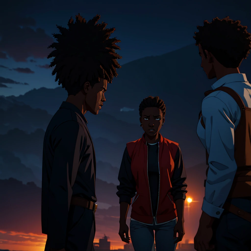 depressed black man crying while a woman walks away from him, cinematic action, masterpiece, super detail, textured skin, atmospheric perspective,