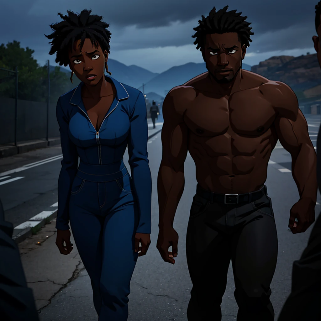depressed black man crying while a woman walks away from him, cinematic action, masterpiece, super detail, textured skin, atmospheric perspective,