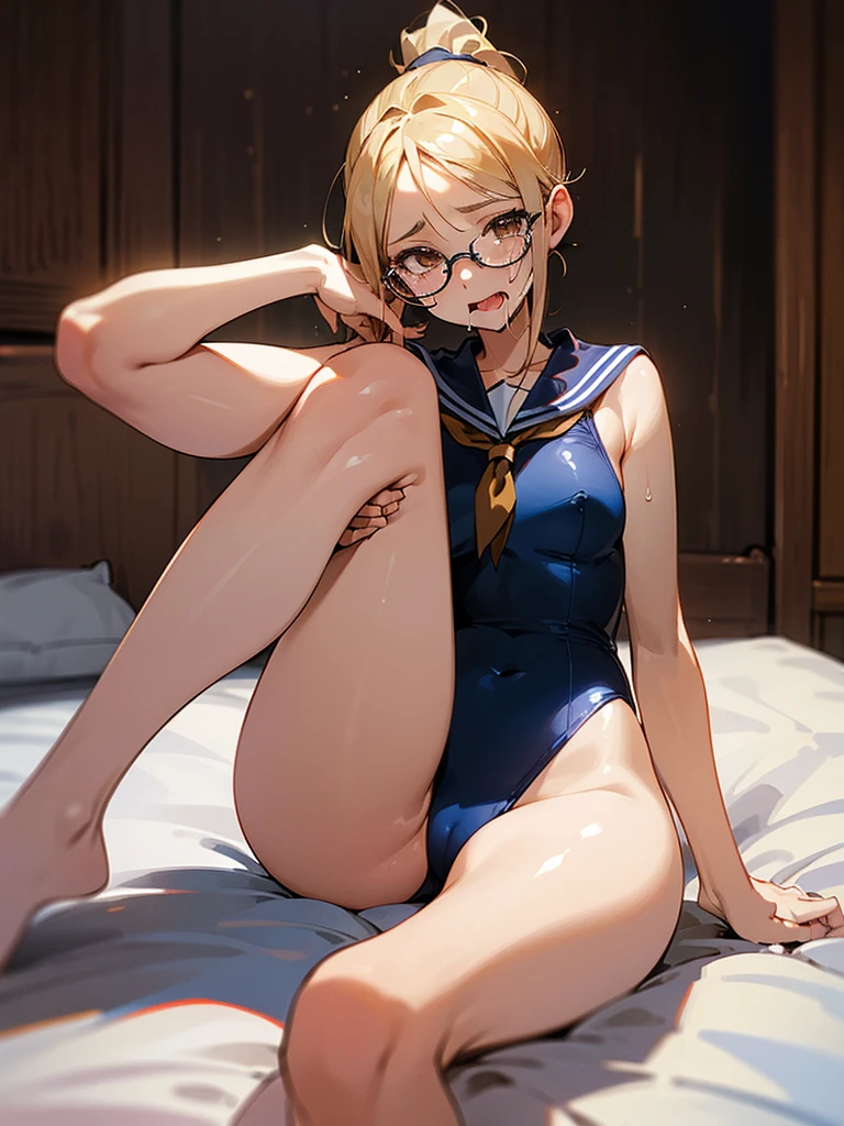 high resolution,High resolution,1Beautiful girl of the person,whole body,look up,looking at the camera,Big eyes,Glasses,Crying face,Tears,Stringy saliva,Open your mouth wide,Sticking out tongue,Flush saliva,Overflowing with saliva,ponytail,Golden Hair,Brown eyes,Navy blue sailor leotard,High Leg,Tears overflow,Dripping a lot of saliva,Drooling,On the bed,sexy,Finger licking,Western-style room,Alluring,Leg spread,front,Legs spread,Legs spread,