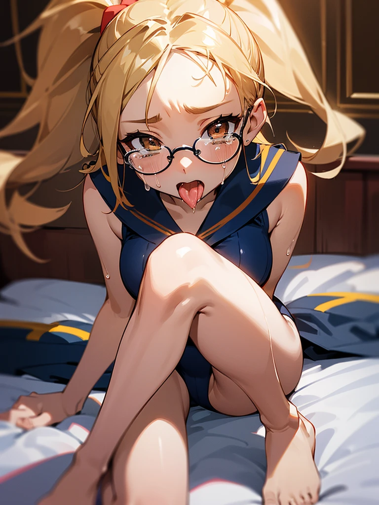high resolution,High resolution,1Beautiful girl of the person,whole body,look up,looking at the camera,Big eyes,Glasses,Crying face,Tears,Stringy saliva,Open your mouth wide,Sticking out tongue,Flush saliva,Overflowing with saliva,ponytail,Golden Hair,Brown eyes,Navy blue sailor leotard,High Leg,Tears overflow,Dripping a lot of saliva,Drooling,On the bed,sexy,Finger licking,Western-style room,Alluring,Leg spread,front,Legs spread,Legs spread,