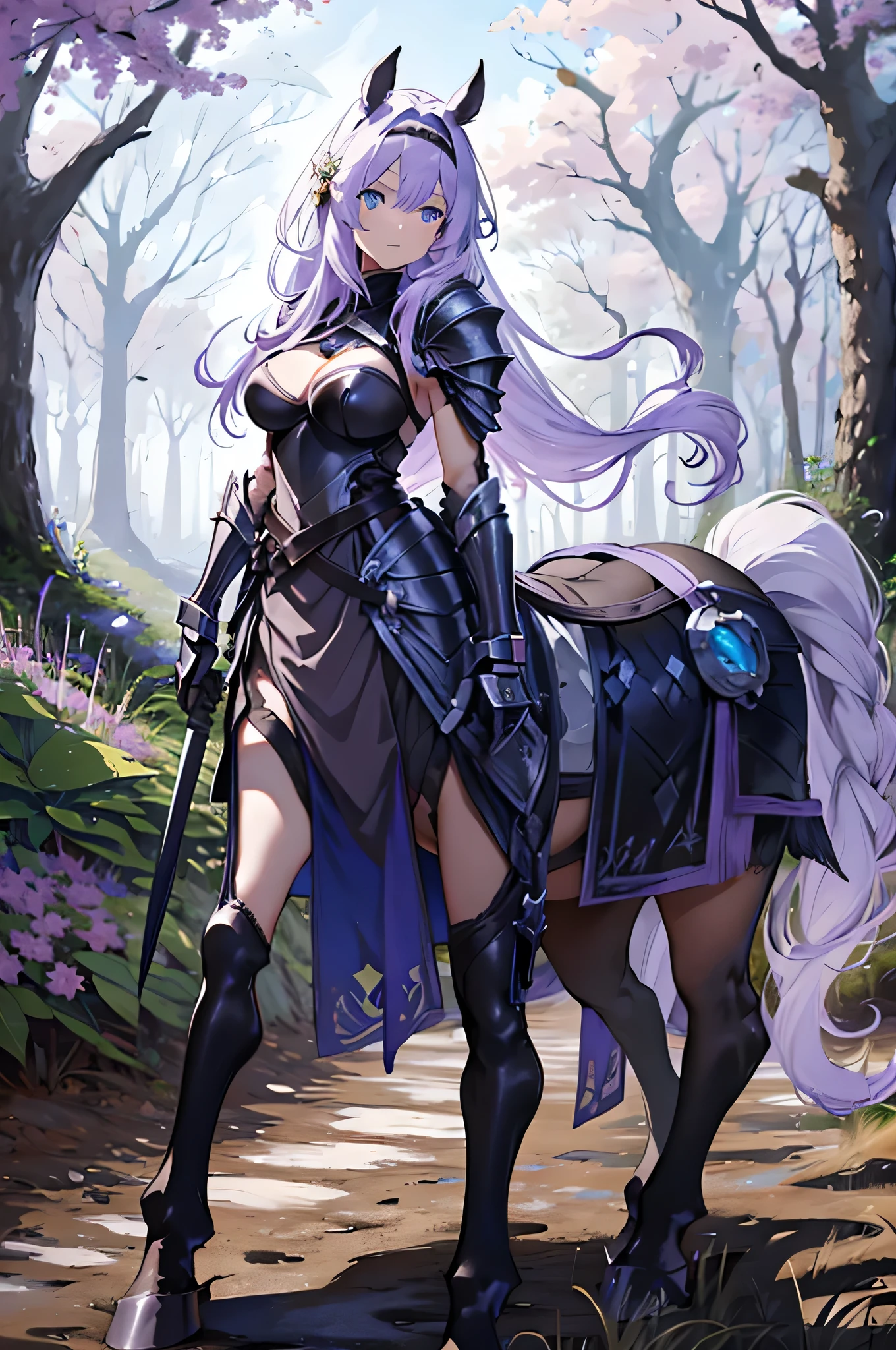4K,High resolution,One Woman,centaur,White purple hair,long hair,blue eyes,knight,Black Armor,Heavy Armor,Full Armor,White knight outfit,hair band,Long sword,Village in the forest