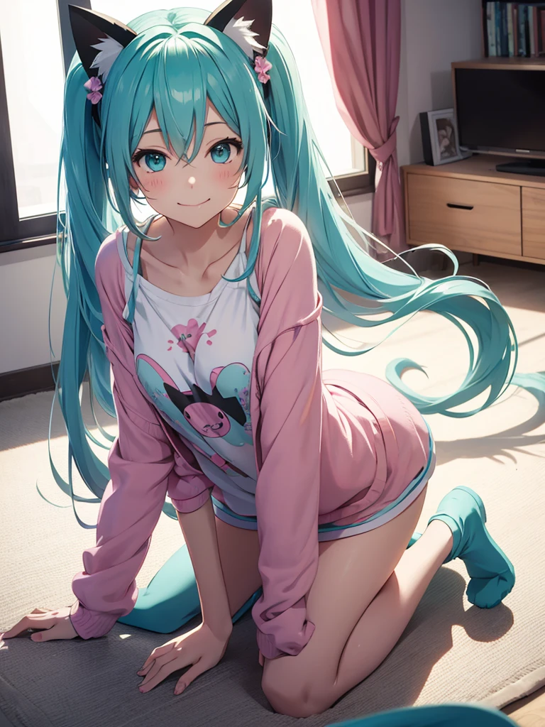 hatsune miku, pijama, cat ears, smiling, kneeling
