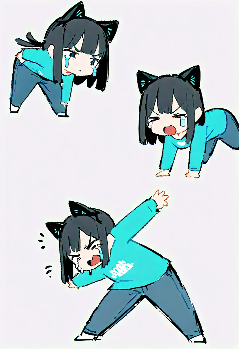 (((Dynamic pose))),((Crying expression)) ,(Dark color,Clear lines), ((masterpiece,)),(((Highest quality))),(sketch),((Girls in their 20s)),Short black hair,Black cat ears,T-Shirts,jeans