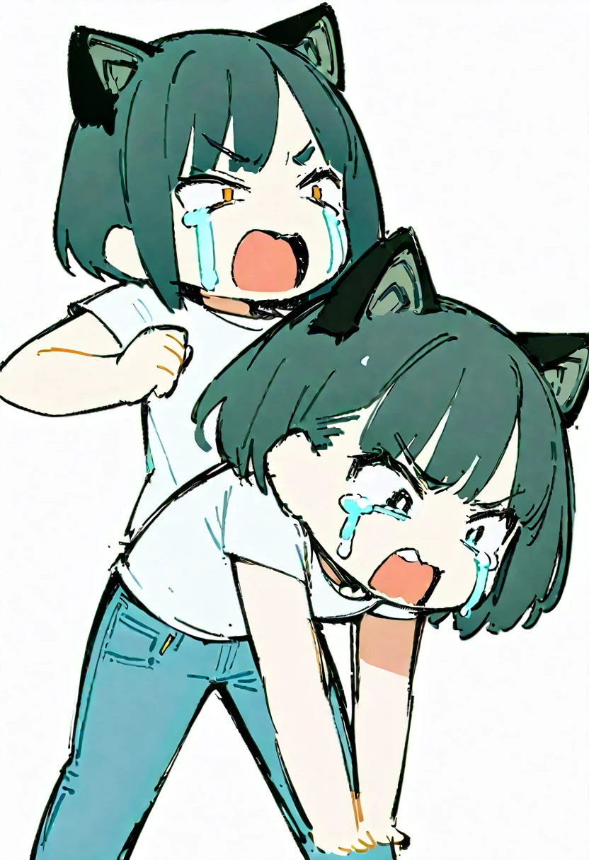 (((Dynamic pose))),((Crying expression)) ,(Dark color,Clear lines), ((masterpiece,)),(((Highest quality))),(sketch),((Girls in their 20s)),Short black hair,Black cat ears,T-Shirts,jeans