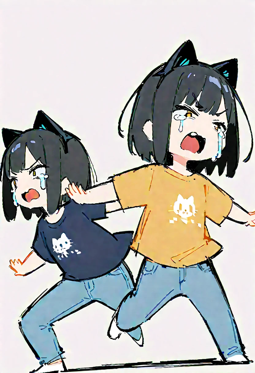 (((Dynamic pose))),((Crying expression)) ,(Dark color,Clear lines), ((masterpiece,)),(((Highest quality))),(sketch),((Girls in their 20s)),Short black hair,Black cat ears,T-Shirts,jeans