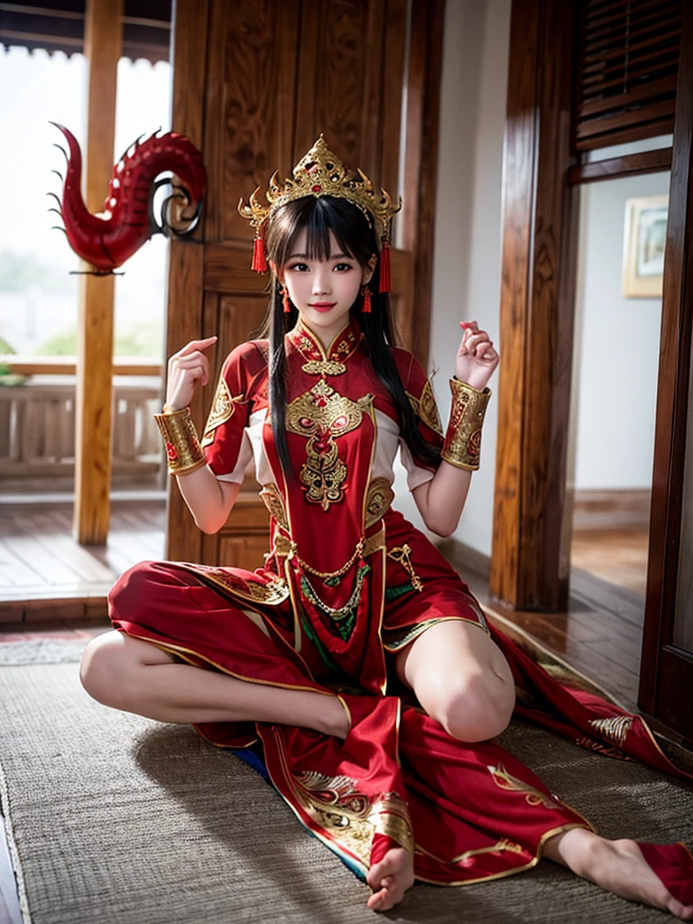 Woman wearing Thai dress The Naga is bright red.