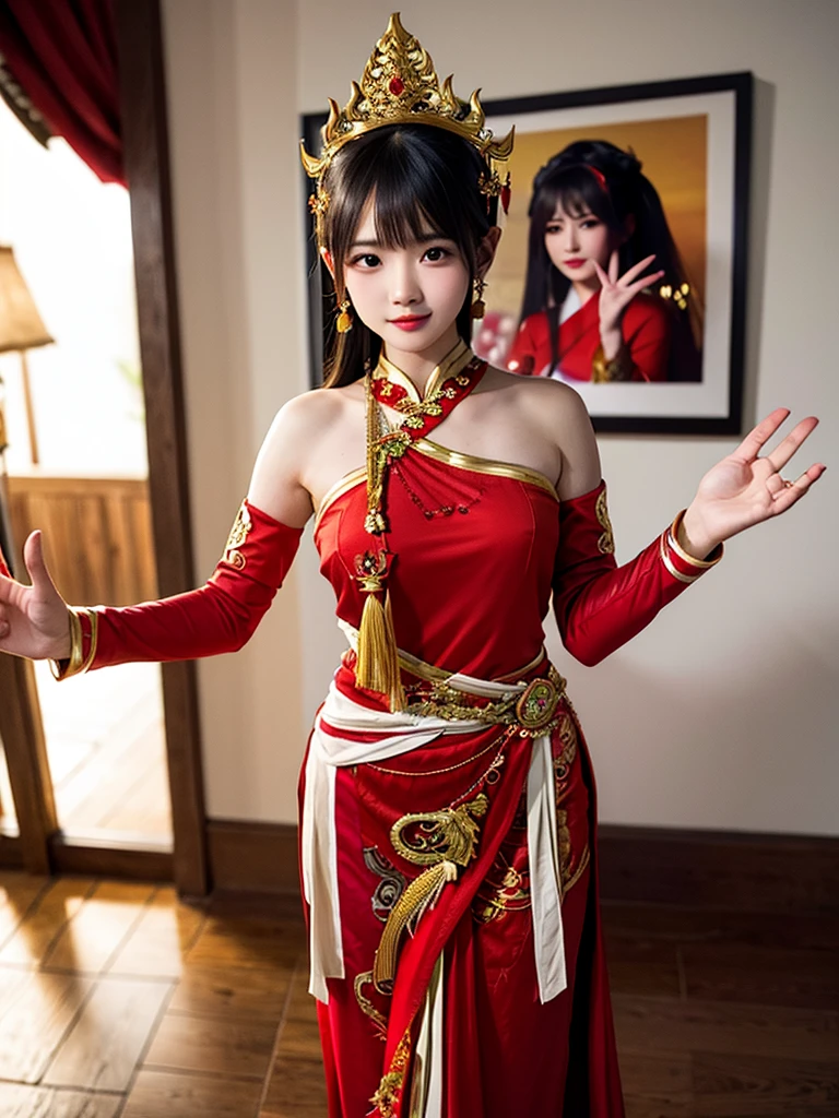 Woman wearing Thai dress The Naga is bright red.