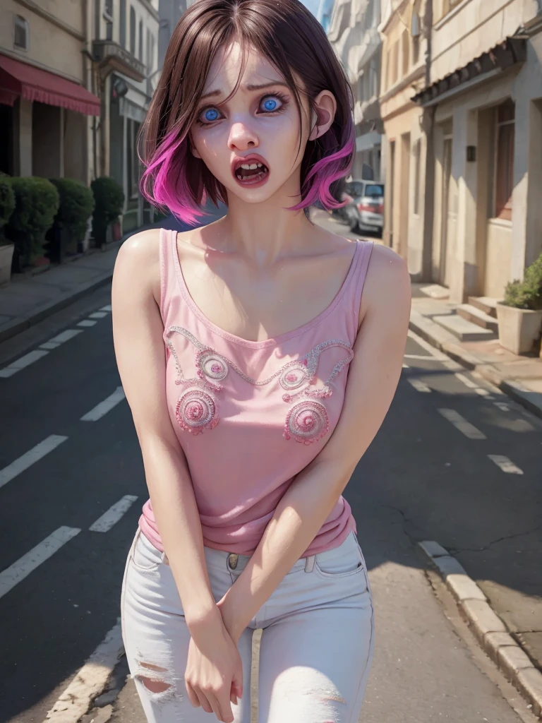 6girls, Many women, beautiful detailed eyes, horrified, scared, screaming, beautiful detailed lips, extremely detailed eyes and face, pink t-shirt, white jeans, standing on a street corner, award winning, intricate details, photorealistic, cinematic lighting, volumetric lighting, depth of field, beautiful face, striking pose, dynamic composition, vivid colors, warm tones, dragon