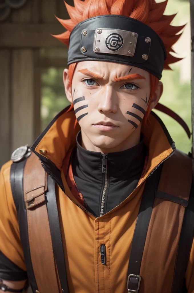 Create a Naruto Uzumaki, with red hair, as a bandana, with the marks on the cheek. steampunk style 