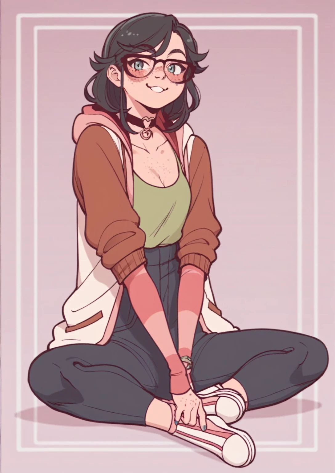 score_8_up, score_7_up, score_6_up, score_5_up, score_4_up, anime screenshot
1girl, solo, medium hair, black hair,cat years, no freckles, glasses, sitting, full body, looking at viewer, sweater,, choker
squishing face with hands