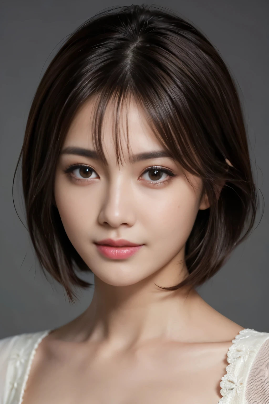 The best quality at its best, Realistically, Super detailed, More about pubic hair, High resolution, Plain background,8k wallpaper, One beautiful woman,,Light brown short hair, Wear a dark suit, Lock Focus, Perfect dynamic composition, Beautiful Eyes, Delicate hair, 细致Realistically的皮肤纹理, smile, Close-up portrait, Model Body Type