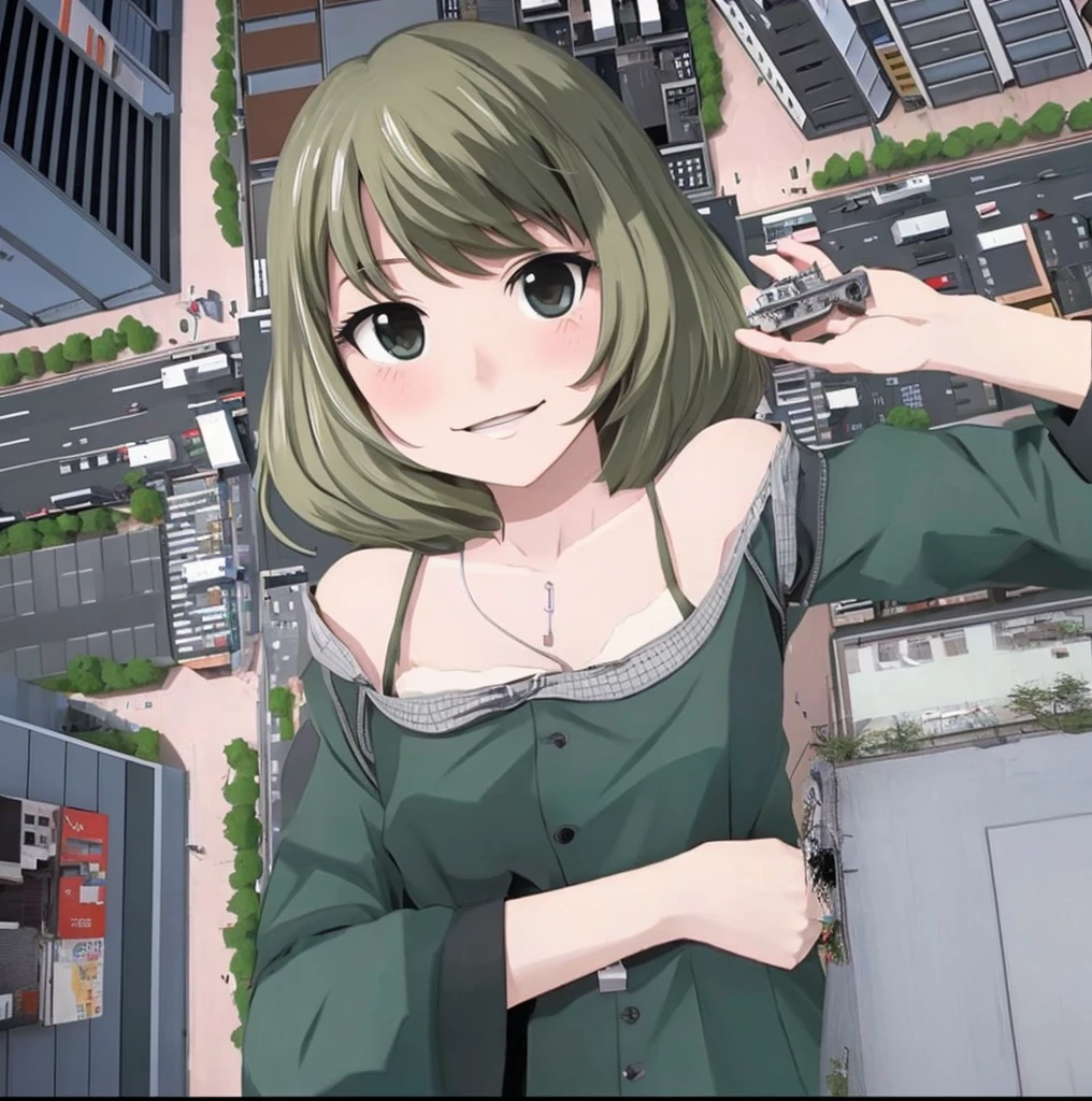 An Asian woman with long black hair, black eyes, warm-white skin colour, skinny , laying on the microcity, destroying the microcity, she's wearing Japanese High-school uniform, she wears a pair of dark-grey heels, (masterpiece),(anime realistic),(smile),(giga giantess),(microcity),(destruction),(appropriate),(details)