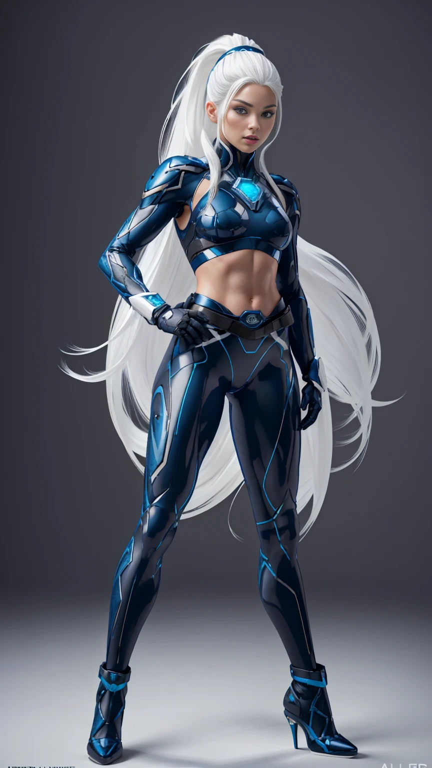(((full body photo))), ((Full body photo,standing, feet on the ground)) ( Masterpiece, 4k resolution, ultra-realistic, very detailed) sexy beautiful superheroine, has ice powers, white hair ponytail, back midriff with blue outlines and a snowflake symbol on her right, has black gloves with fur on her the wrist part, wears black tight pants, with a blue belt, blue lines full body in the style of realism, glistening skin, , natural lighting, Defined full lips. fitness feminine body. portrait photography by artgerm, in the style of realism, glistening skin, , natural lighting, Defined full lips. Muscular fitness feminine body,