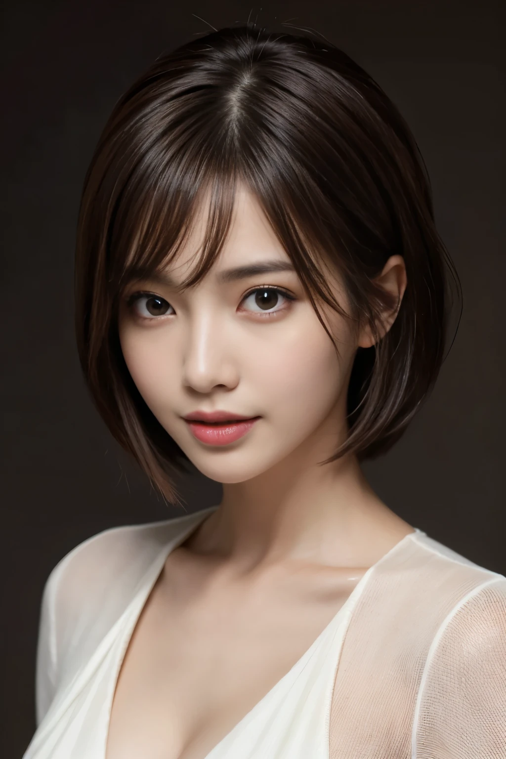 The best quality at its best, Realistically, Super detailed, More about pubic hair, High resolution, Plain background，8k wallpaper, One beautiful woman,,Light brown short hair, Wear a dark suit, Lock Focus, Perfect dynamic composition, Beautiful Eyes, Delicate hair, 细致Realistically的皮肤纹理, smile, Close-up portrait, Model Body Type