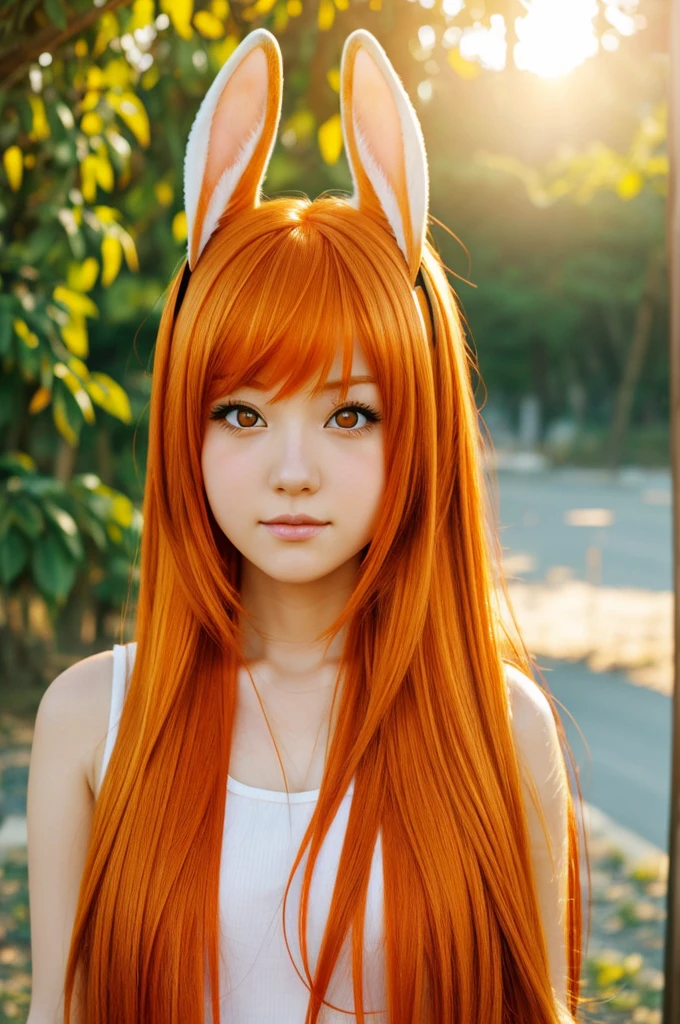A girl with long hair, orange hair, dark eyes (long orange hair) realistic anime real anime otaku (rabbit ears ) 17 years cute watercolors light shading