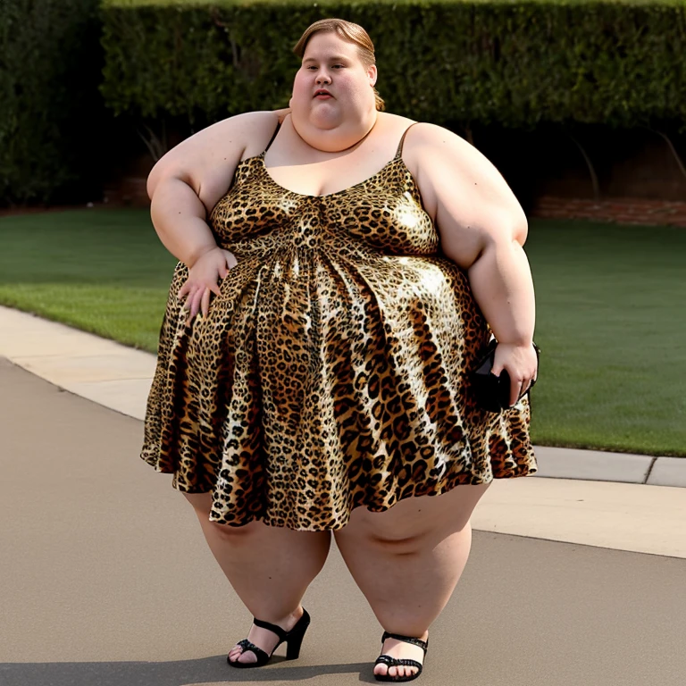 Ssbbw extremely morbidly obese solo Brie Larson full body alone wearing a leopard dress