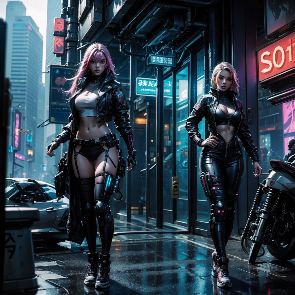 A sexy female cyberpunk in a futuristic city looks around while being chased by an alien