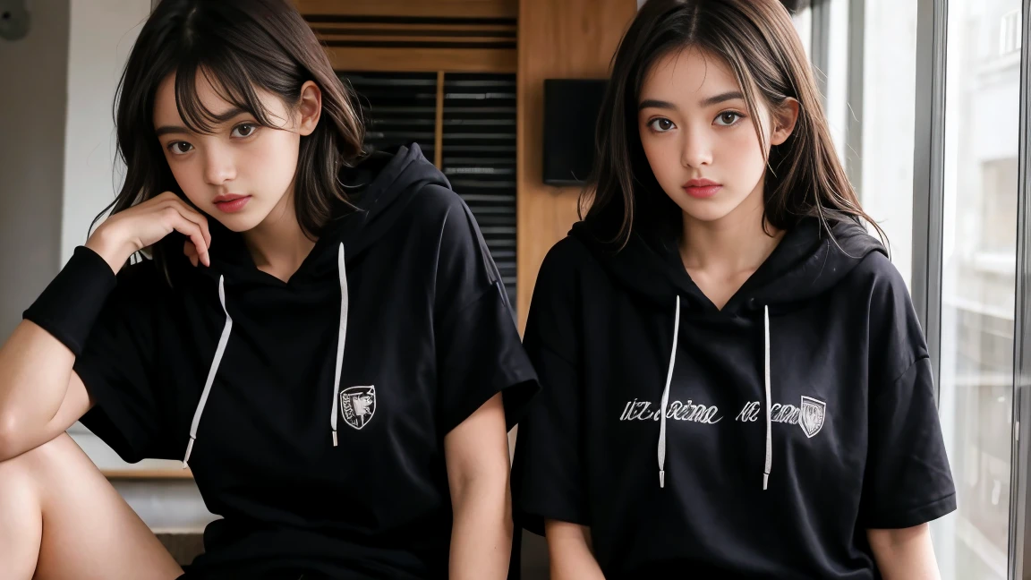 deux femmes ensemble de 18 ans ???? et mince , black short sleeve hoodie , salle de classe, se touche,position sey,sensuel