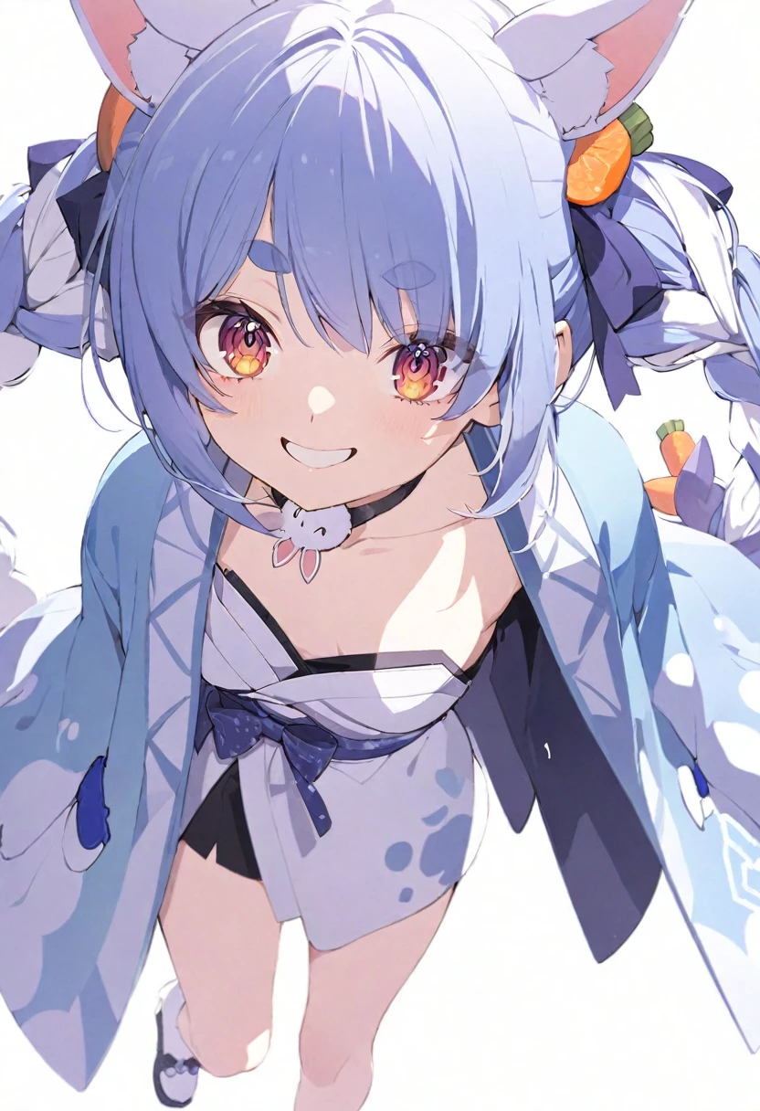(muste piece), (best quality), very detailed eyes, expressive eyes, perfect face, very detailed face, highly detailed face, beautiful girl, 8K, beautiful girl, white background background, delicate and beautiful face and eyes, dark intense shadow, 
1 girl, vtuber style, cool girl, hololive, usada pekora, streaked hair, Gorgeous kimono, cover with Haori, japanese hair accessories, small chest, clavicle, one eye close winking, smile, body visible through clothes, chest visible through clothes, (full body), looking at viewer, standing,
